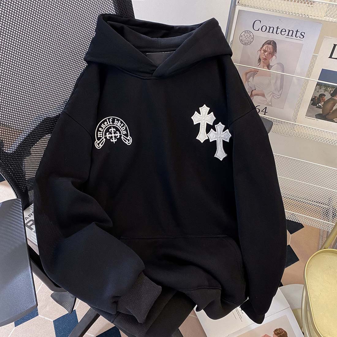 美式复古十字架字母刺绣连帽卫衣