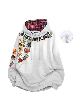 AULD国潮美式高街潮流加绒加厚字母印花宽松红格连帽卫衣