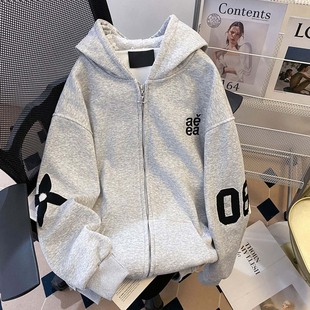 男女加绒外套 宽松百搭拉链开衫 美式 潮牌印花连帽卫衣秋情侣新款