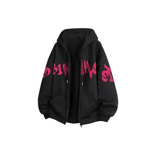 卫衣 拉链宽松加绒加厚学院风长袖 罗宾H美式 高街印花重磅连帽开衫