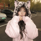 粉色鹿皮绒耳朵连帽外套女冬季 加厚宽松内里满印豹纹毛绒开衫 外套