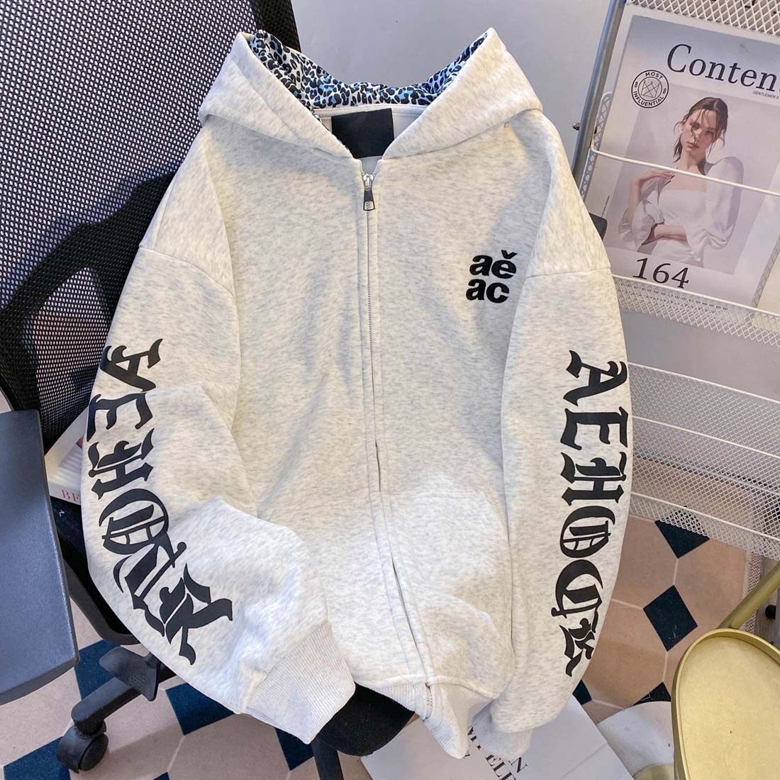 美式重磅字母刺绣开衫连帽卫衣