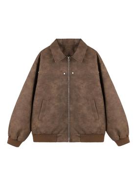 OWOX美式机车风潮高街美式做旧水洗pu皮衣宽松翻领皮夹克外套秋冬