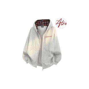 罗宾汗美式 拉链卫衣外套 格纹印花手写字母图案连帽宽松百搭开衫