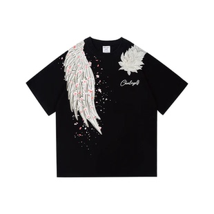 CHARLIE GOLF万针美式高街羽毛翅膀图案重磅纯棉vintage短袖T恤