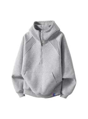 奥D重磅400g美式高街简约纯色半拉链连帽基础插肩长袖宽松卫衣