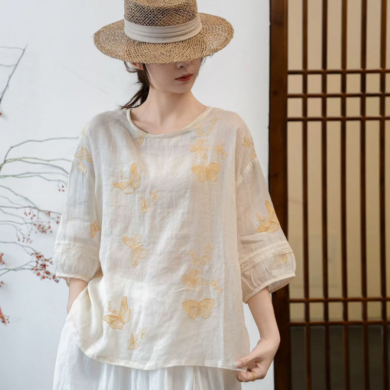 园园美衣苎麻刺绣苎麻衬衫2026夏季新款文艺纯色国风宽松小衫女