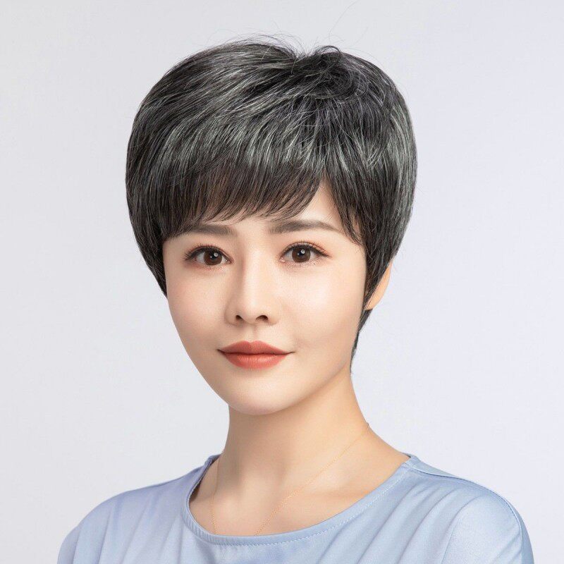 老年奶奶假发蓬松花白老人全头套白色真发老年人发老太太假发套女