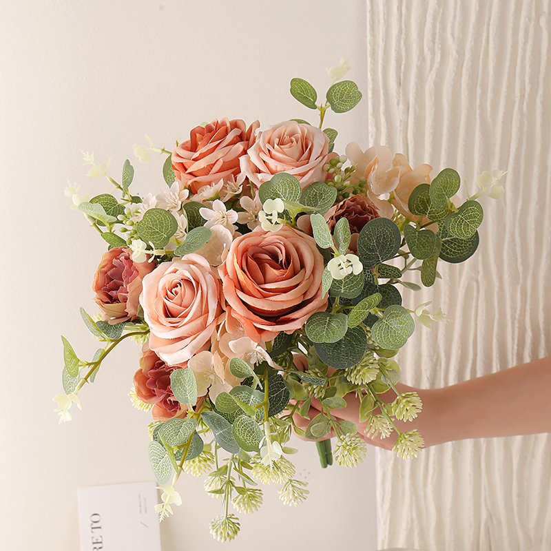 假花单束仿真花婚庆diy小花束玫瑰插花客厅餐桌摆件摆设塑料绢花
