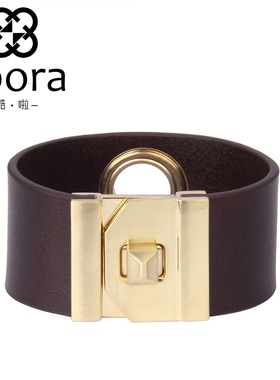 几何型牛皮手链 时尚OL简约牛皮手链 纽锁扣电镀金色合金手环手镯