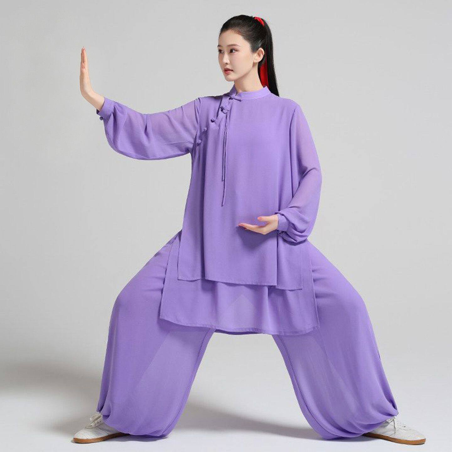 太极服女新款夏季飘逸中式八段锦太极拳双层纱武术团队练功表演服