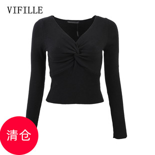 VIFILLE瑞飞儿2022春弹力长袖 上衣女V21A8418232 交叉设计针织衫