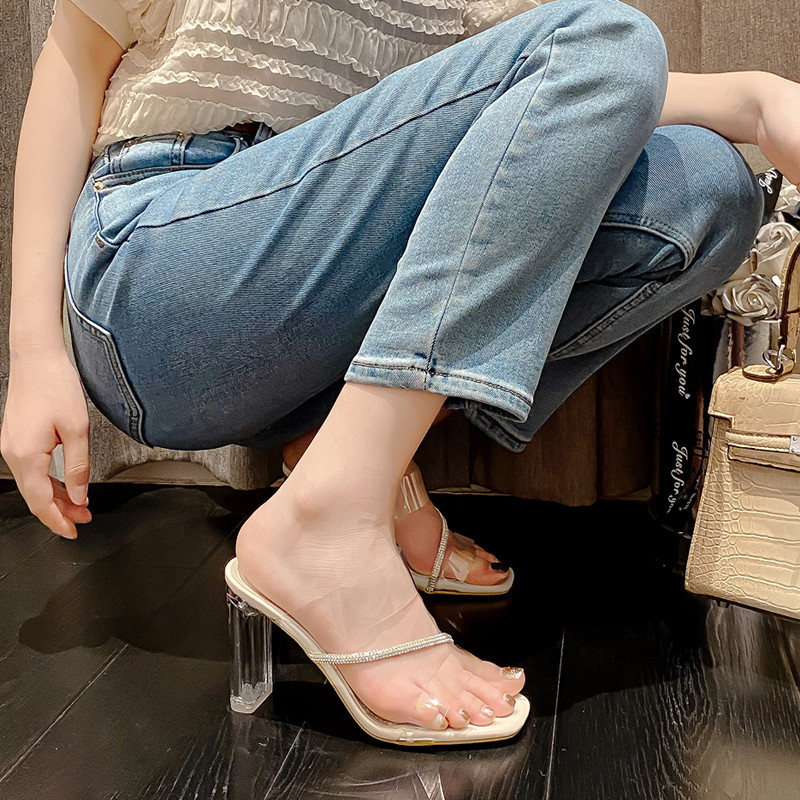 水钻透明水晶跟凉鞋女2025夏一字带高级感粗跟拖鞋高跟鞋外穿凉拖