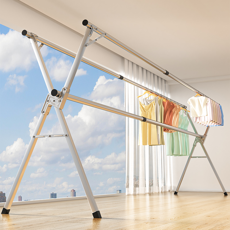 折叠晾衣架落地家用阳台室内挂衣不锈钢凉伸缩杆简易式晒被子神器