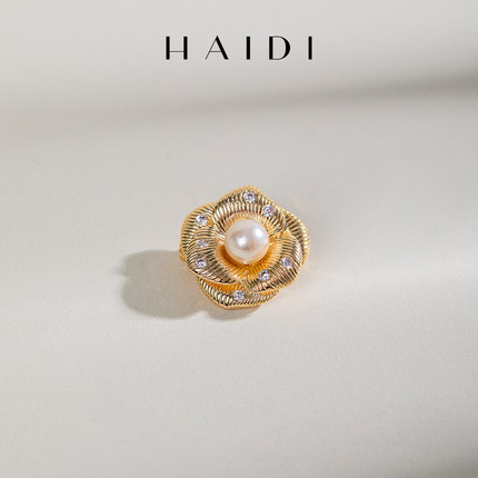 海蒂珠宝 心上玫瑰 6-7mm海水akoya浅金色珍珠胸针时尚送礼好物