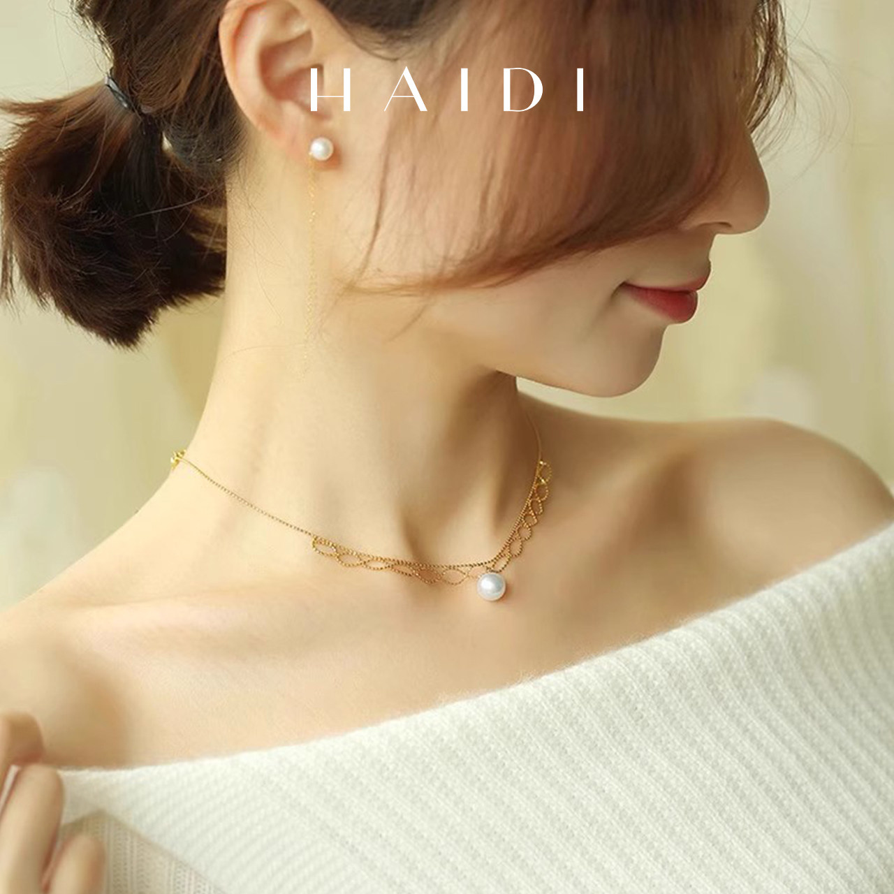 海蒂珠宝蕾丝8.5-9mm海水Akoya珍珠颈链女18K金蕾丝项链chocher◇