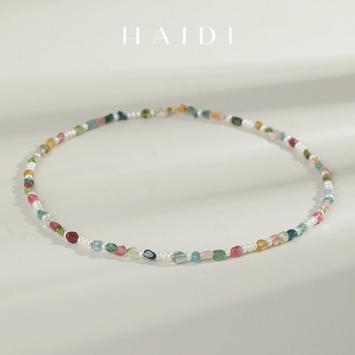 海蒂珠宝 花园派对 3-4mm淡水珍珠碧玺项链 18K金彩宝颈饰礼物◇