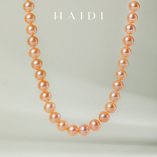 海蒂珠宝【花田绮梦】7.3-8.3mm淡水三文鱼粉珍珠项链 精工S925银