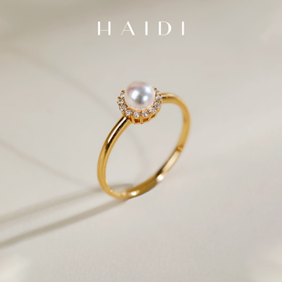 海蒂珠宝 5.5mmAkoya海水珍珠戒指女18K金钻石◇ 定情5