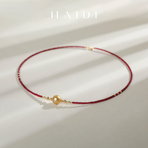 海蒂珠宝 罗曼蒂克 9-10mm南洋金珍珠红宝石项链 18K金彩宝锁骨链