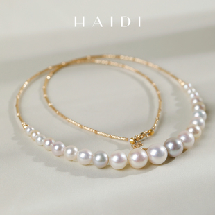 9mm混彩akoya海水珍珠项链 正圆强光4 18K金微笑链 伴月 海蒂珠宝