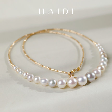 海蒂珠宝 伴月 正圆强光4-9mm混彩akoya海水珍珠项链 18K金微笑链