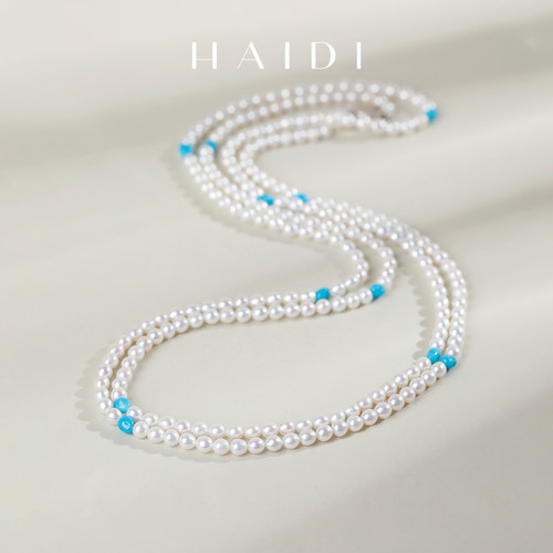 海蒂珠宝 睡美人 3-4mm绿松石4-5mm淡水珍珠毛衣链S925银项链女◇