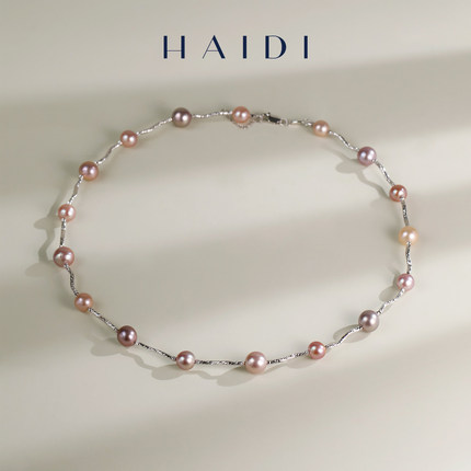 海蒂珠宝  春缇玫瑰 7-9mm淡水混彩珍珠项链 S925银正品送礼女◇