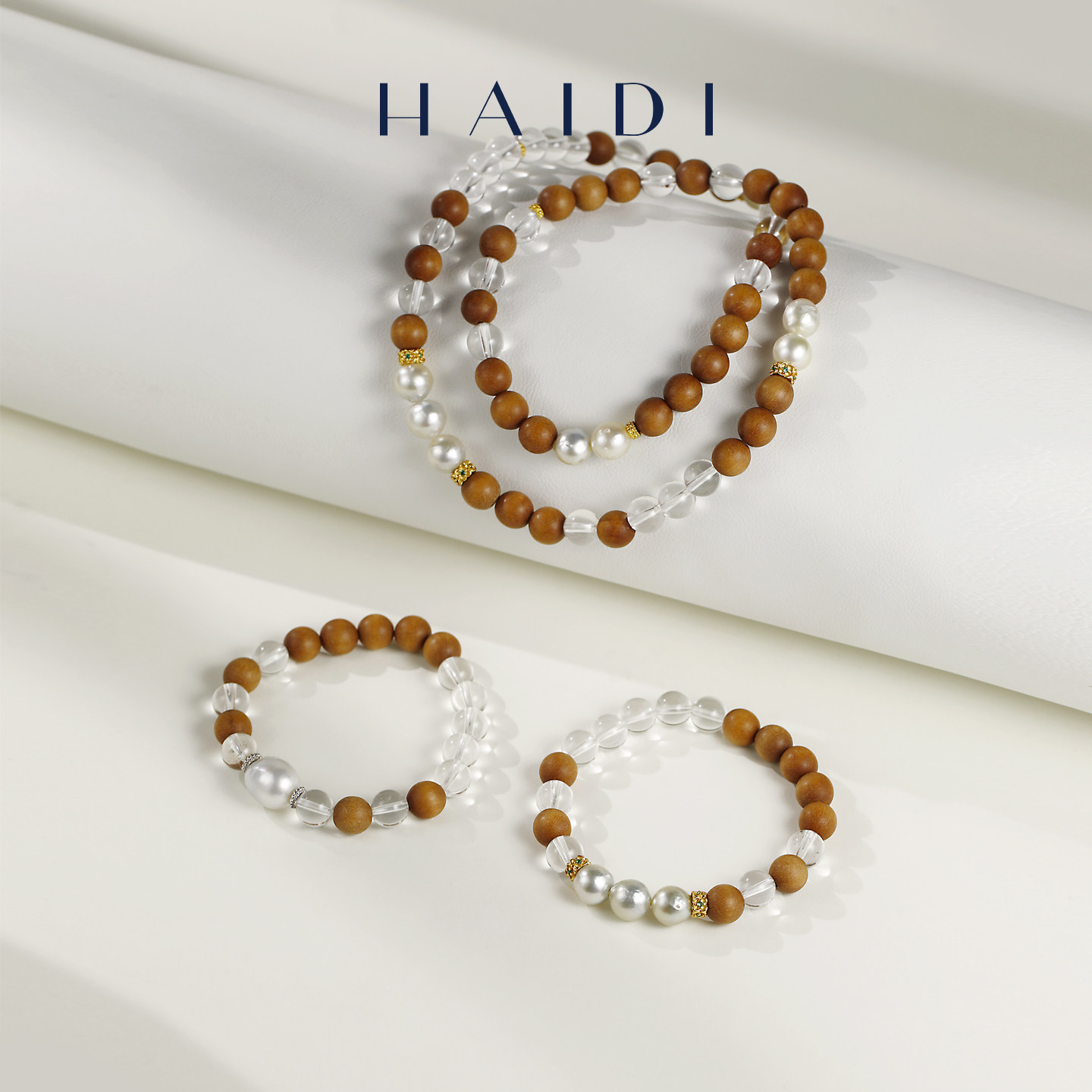 海蒂珠宝 山月有灵 南洋金珠/澳白/檀木/水晶多宝设计款手链 正品