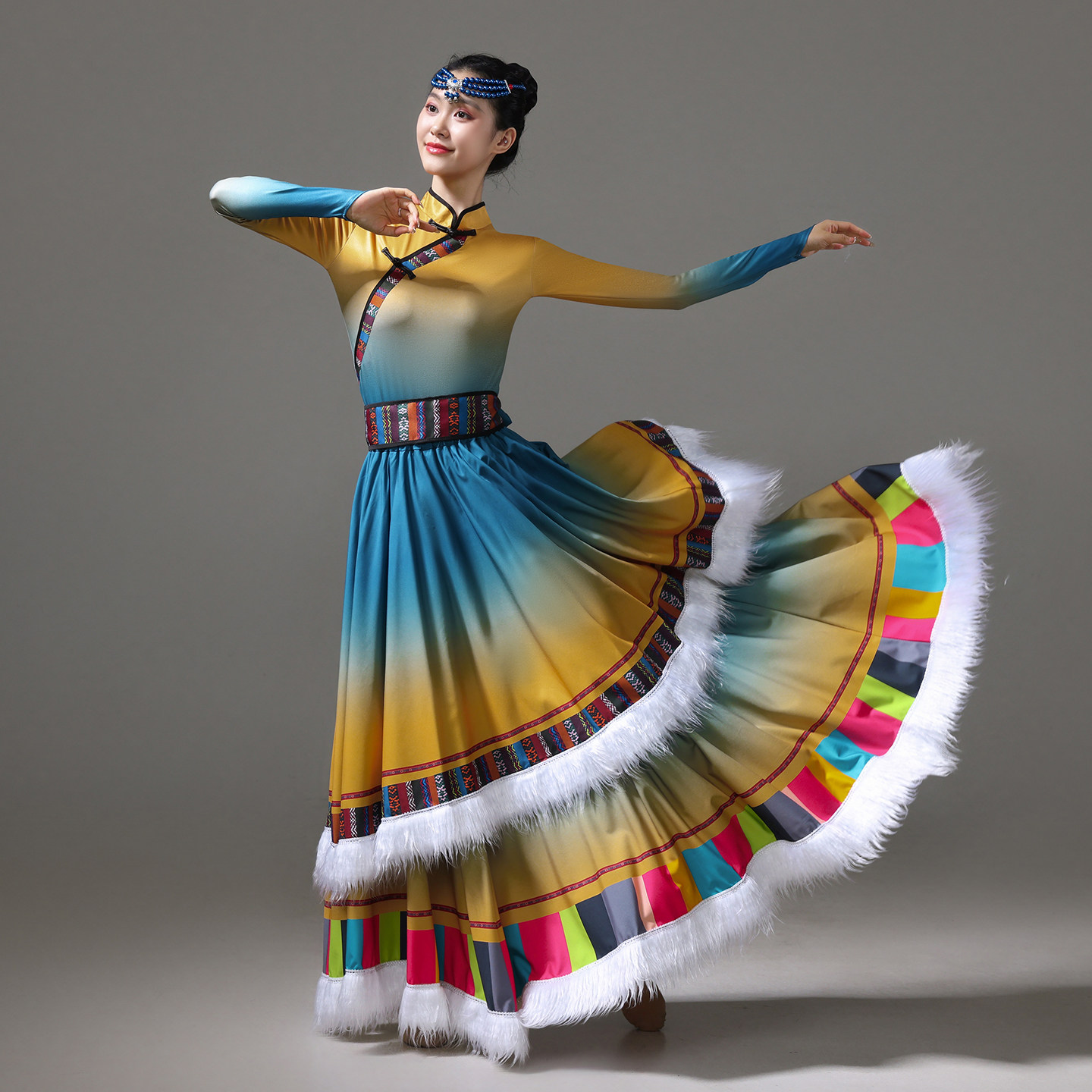 新款民族服女藏族舞蹈演出服装长款民族艺考双层大摆练习裙广场舞