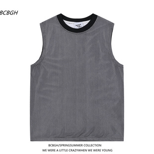 宽松运动坎肩汗背心男款 BCBGH潮牌设计感网纱假两件无袖 T恤夏季