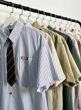 BCBGH送领带短袖衬衫日系小清新条纹衬衣dk夏天男女情侣宽松衬衣