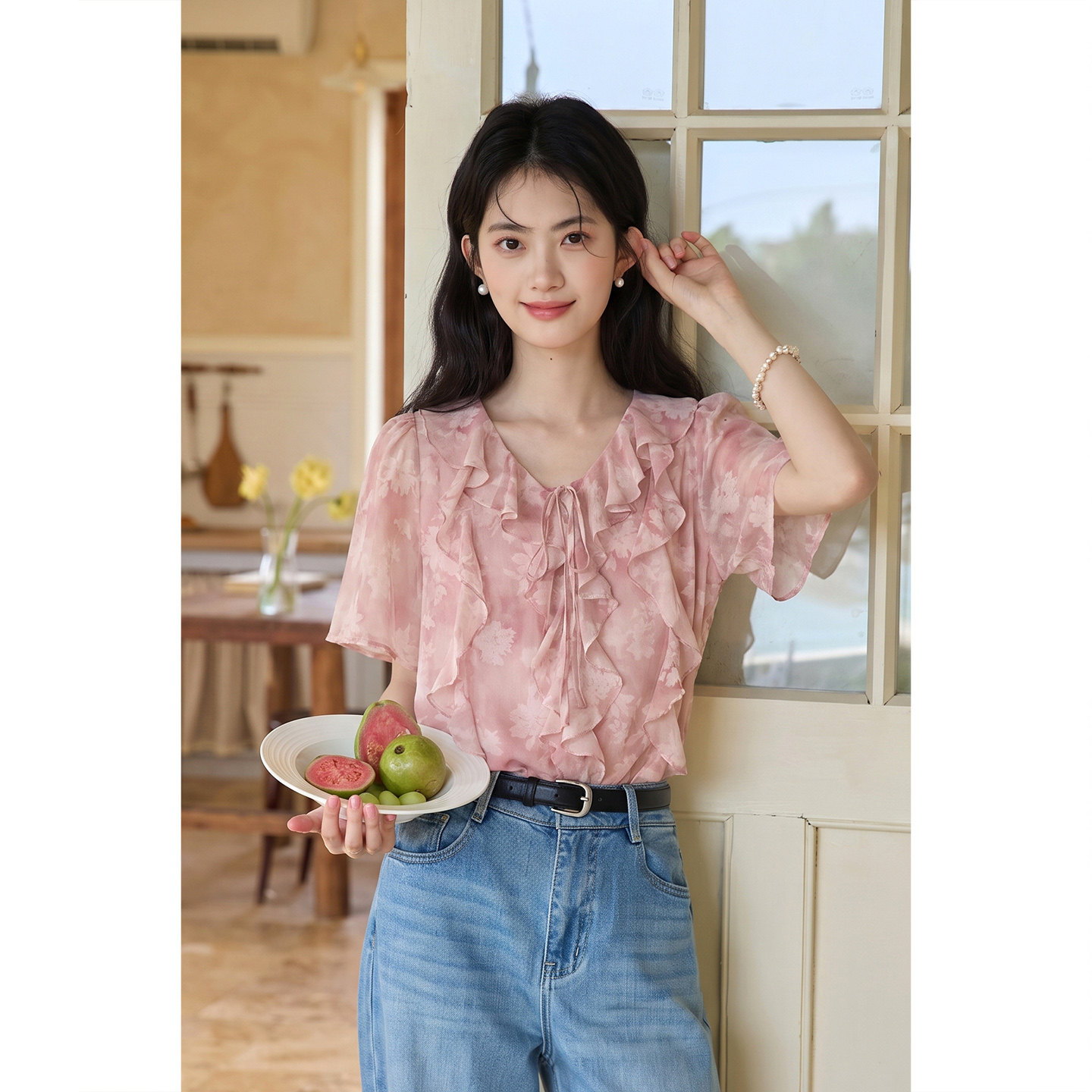 弥古粉色扎染雪纺娃娃衬衫上衣女2026新款夏季短袖木耳边碎花衬衣