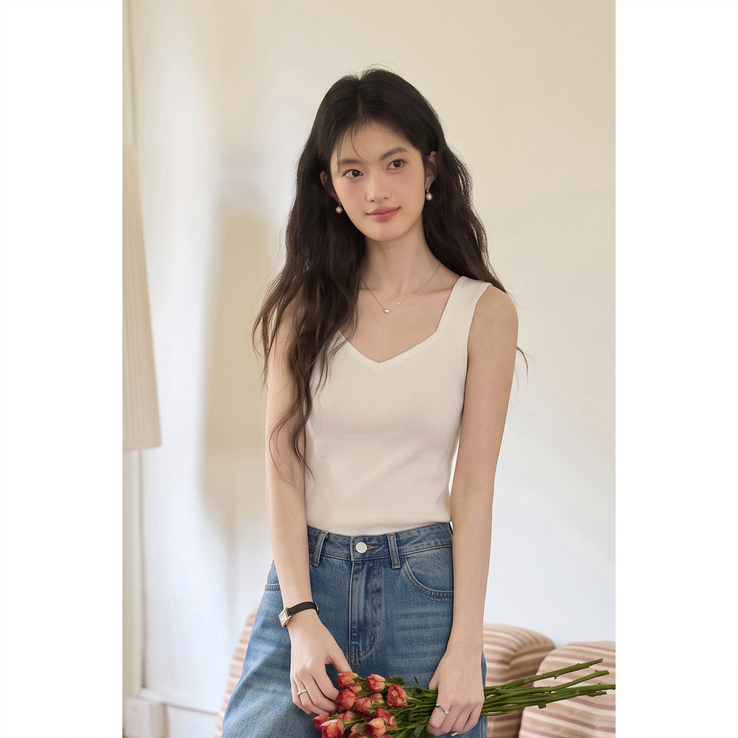 弥古正品白色宽肩带吊带背心女