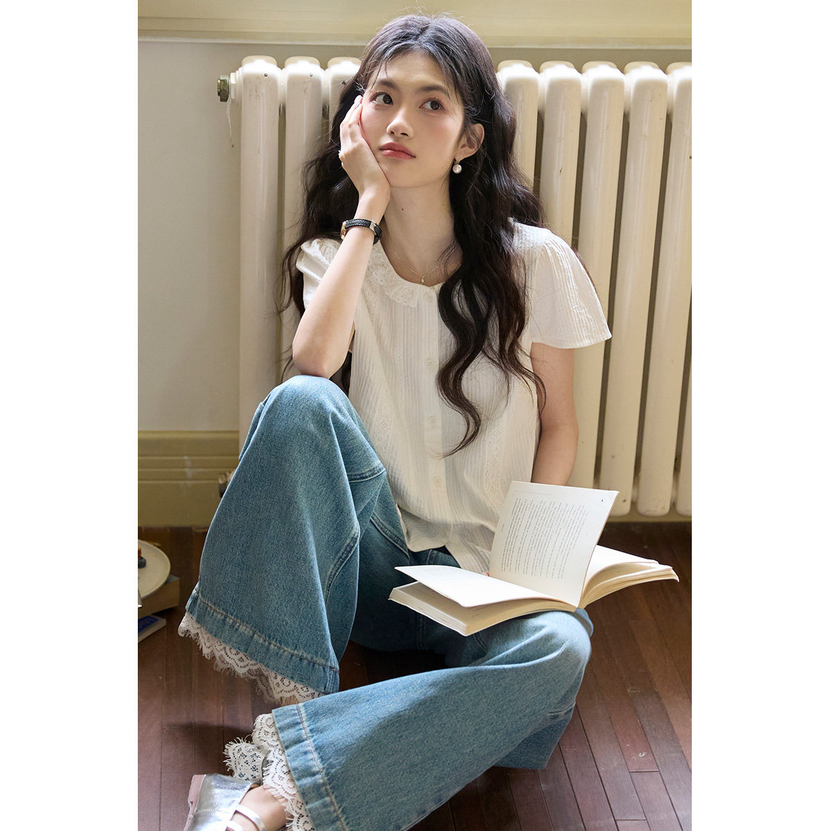 弥古白色蕾丝衬衫短袖纯棉泡泡袖上衣女2026夏季新款宽松正肩衬衣