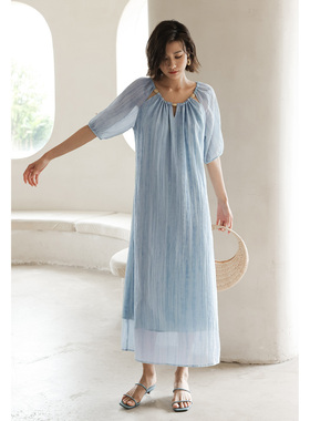 弥古蓝色扎染天丝薄纱连衣裙女夏季宽松长裙法式泡泡袖度假风裙子