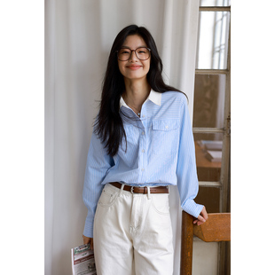 弥古2025秋冬长袖蓝色条纹内搭衬衫女高级感撞色翻领打底衬衣上衣