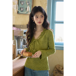 弥古复古绿色立体花朵v领针织衫毛衣女士春季设计感长袖绑带上衣