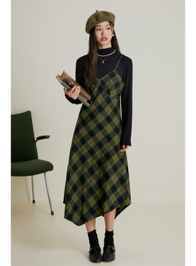 弥古法式毛呢连衣裙修身内搭气质背带裙显瘦复古格子冬季吊带裙女
