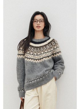 弥古灰色圆领费尔岛毛衣女秋冬高级感宽松复古民族风提花针织衫