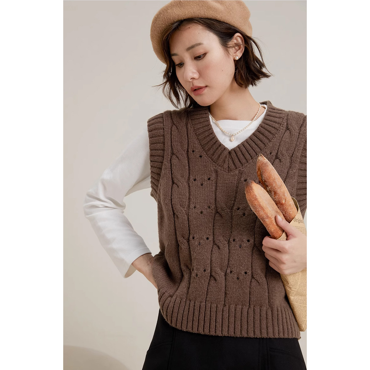 弥古咖色v领针织马甲女春秋外穿宽松毛衣背心叠穿美拉德穿搭上衣