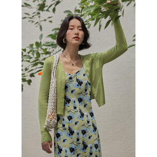 弥古绿色v领针织衫女开衫春秋吊带裙外搭罩衫黑色短款空调衫上衣