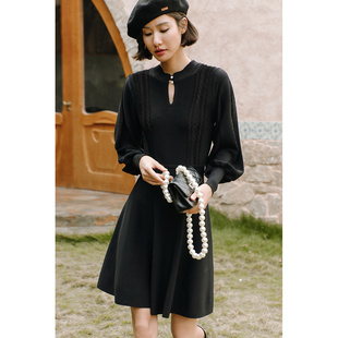 弥古黑色针织连衣裙秋冬打底毛衣裙女高级感小个子灯笼袖内搭短裙