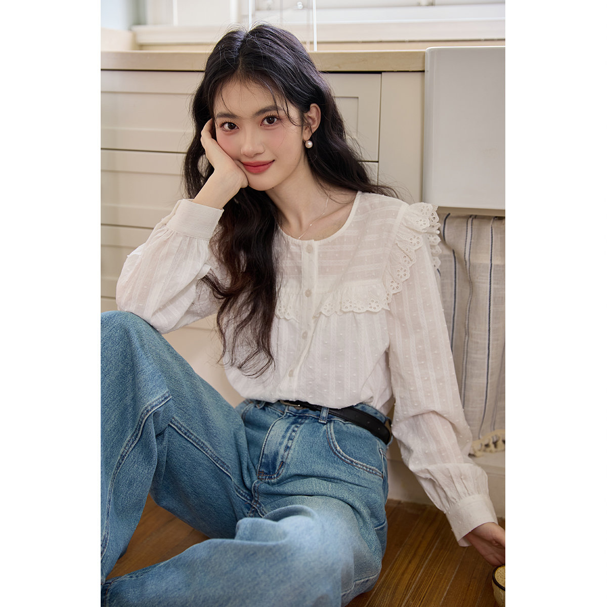 弥古白色法式小飞袖蕾丝衬衫女高级感2025年秋冬内搭衬衣长袖上衣