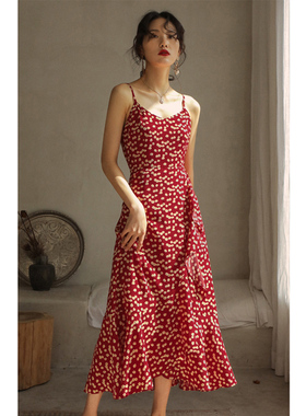 弥古红色碎花连衣裙法式雪纺吊带裙女夏季裙子海边度假沙滩裙长裙