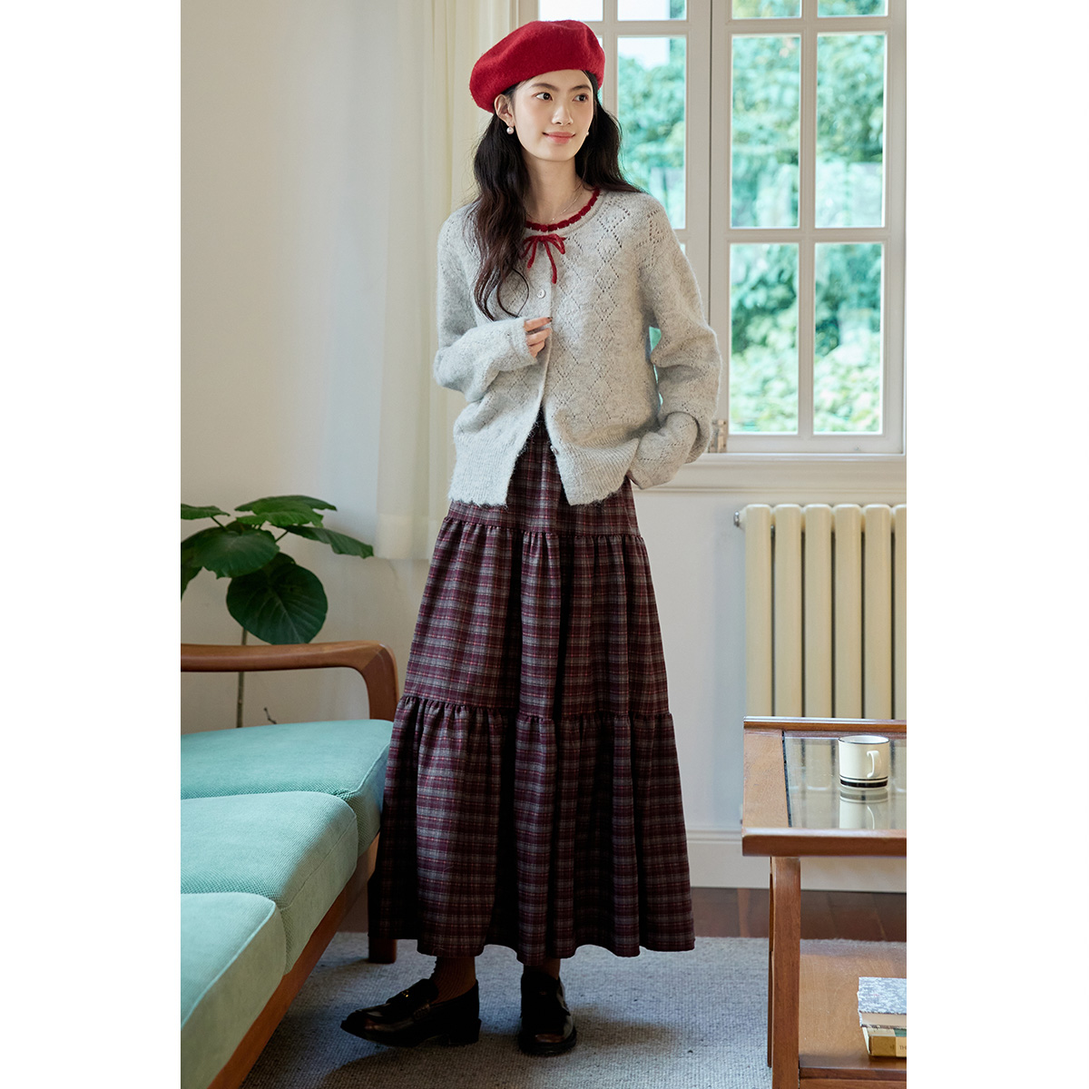 弥古复古红色格子半身裙2025新款秋冬蛋糕裙女小个子a字格纹半裙