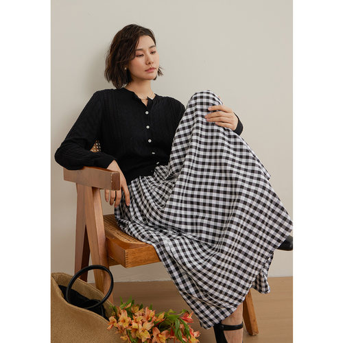 格子百褶裙高腰半身裙