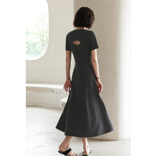 弥古灰色懒人t恤裙女夏季薄款针织短袖修身连衣裙中长款显瘦裙子