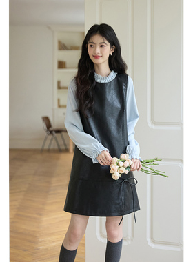 弥古黑色pu皮裙连衣裙女2025新款秋冬马甲裙背心裙小个子a字短裙