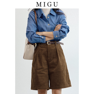 子小个子美拉德咖色显瘦高腰五分裤 弥古复古灯芯绒短裤 春秋女士裤